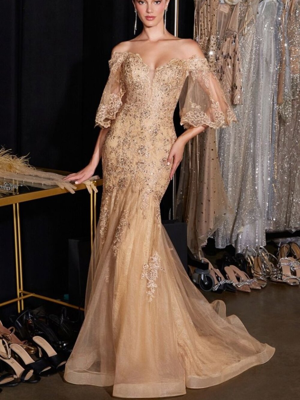 GOLD FORMAL MOTHER OF THE BRIDE GROOM GOWN. MERMAID OFF SHOULDER BELL SLEEVES